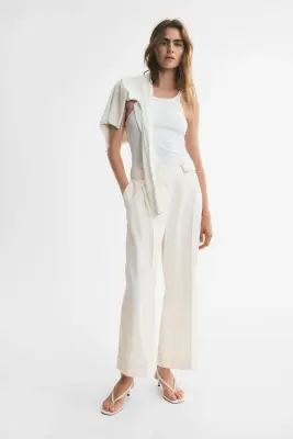 Pantalon droit avec ceinture - Crème — photo 1