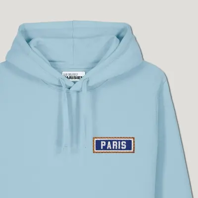 SWEAT SHIRT CAPUCHE COTON BIO BRODÉ - PARIS - BLEU CIEL — photo 3