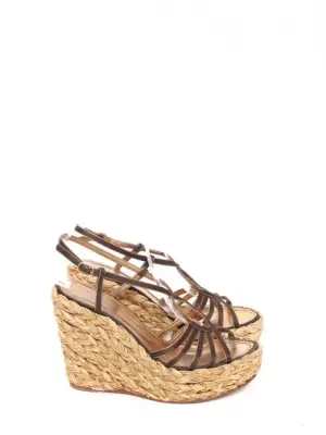 Sandales compensées en paille tressée cuir marron et métallisé doré Prix boutique 800€ Taille 38 — photo 1
