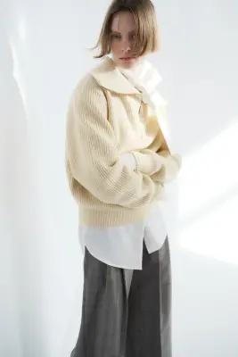 Pull en maille côtelée avec col zippé - Jaune clair — photo 2