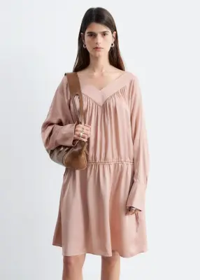 Robe courte à cordon de serrage et col en V - Rose poudré — photo 2