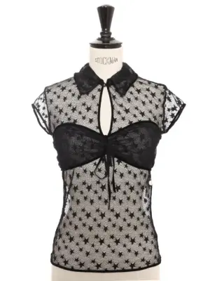 Top en maille noir manches courtes brodé étoiles bordé velours boutons CC Fall Winter Prix boutique 8500€ Taille 36 — photo 1