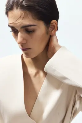Blazer sans revers avec ceinture - Beige clair — photo 2