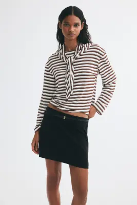 Top à col foulard avec manches longues - Crème/rayé — photo 1