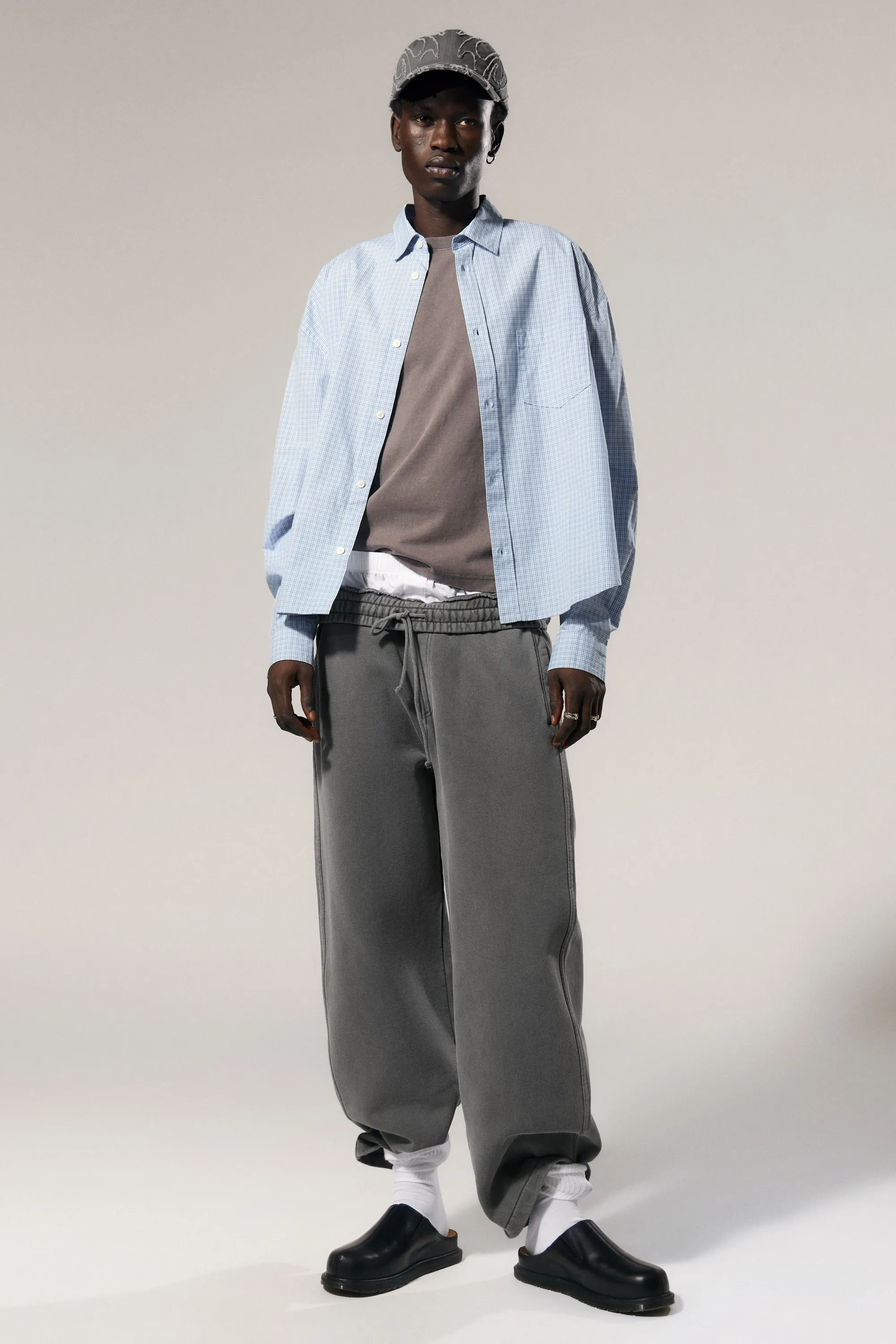 Chemise carrée à manches longues en popeline de coton - Bleu à carreaux
