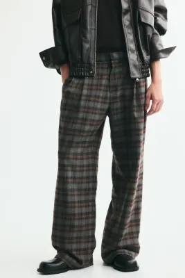 Pantalon chic Oversized Fit à jambes larges - Gris/carreaux — photo 1
