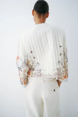 Veste matelassée en lin mélangé - Crème/fleuri — photo 4