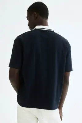 Relaxed Fit Textured-knit polo shirt - Bleu marine — photo 3