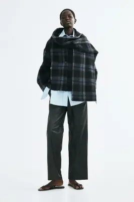 Veste brossée avec écharpe - Bleu marine/carreaux — photo 3