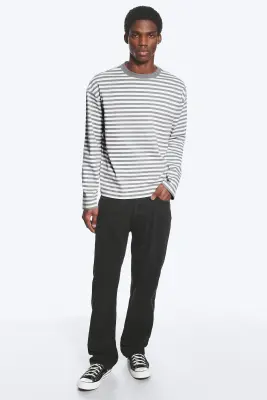 T-shirt ample à manches longues - Blanc/Gris rayé — photo 2