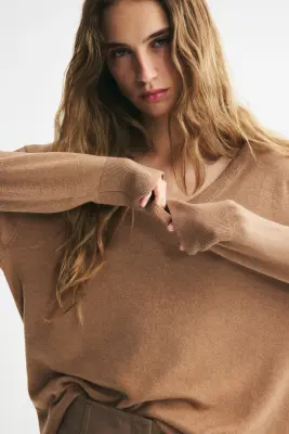 Pull oversize à encolure en V - Beige foncé — photo 3