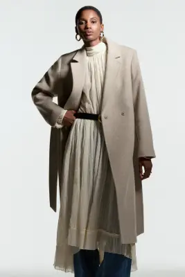 Manteau en laine mélangée avec ceinture à nouer - Beige clair chiné — photo 2