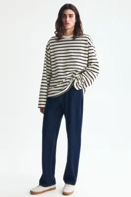 T-shirt à manches longues Oversized Fit en jersey - Crème/rayé — photo 1