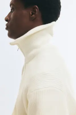 Pull à col zippé Relaxed Fit en maille côtelée - Crème — photo 3