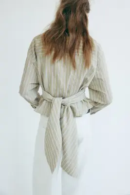 Blouse avec détail à nouer - Beige clair/rayé — photo 3