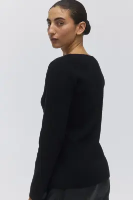 Gilet en maille côtelée avec encolure dégagée - Noir — photo 3