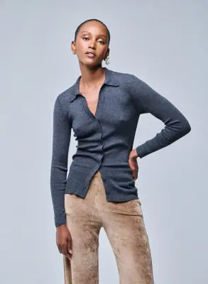 Pull Gris Chemise Manches Longues en Laine merinos