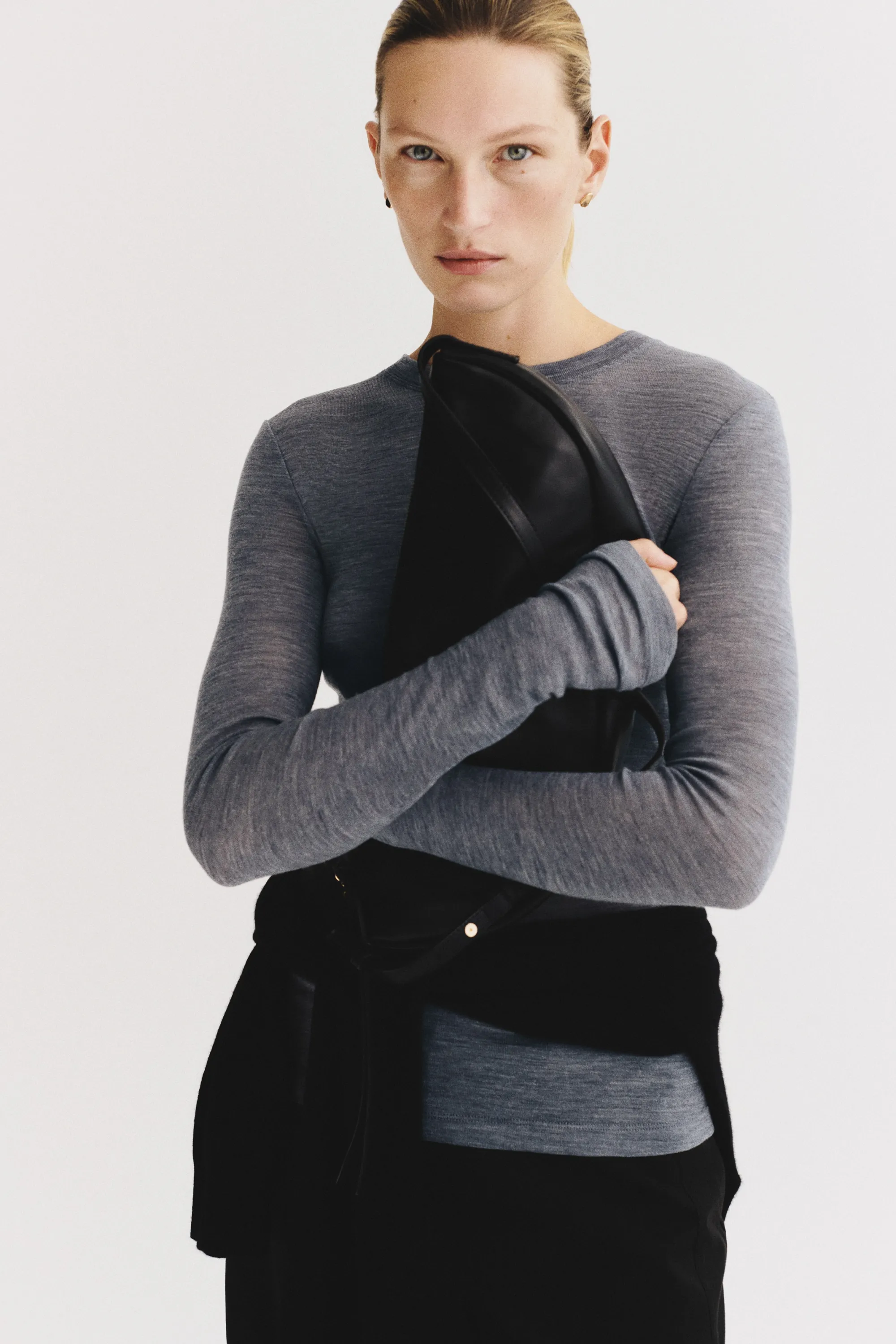 Top en maille de laine fine - Gris foncé chiné