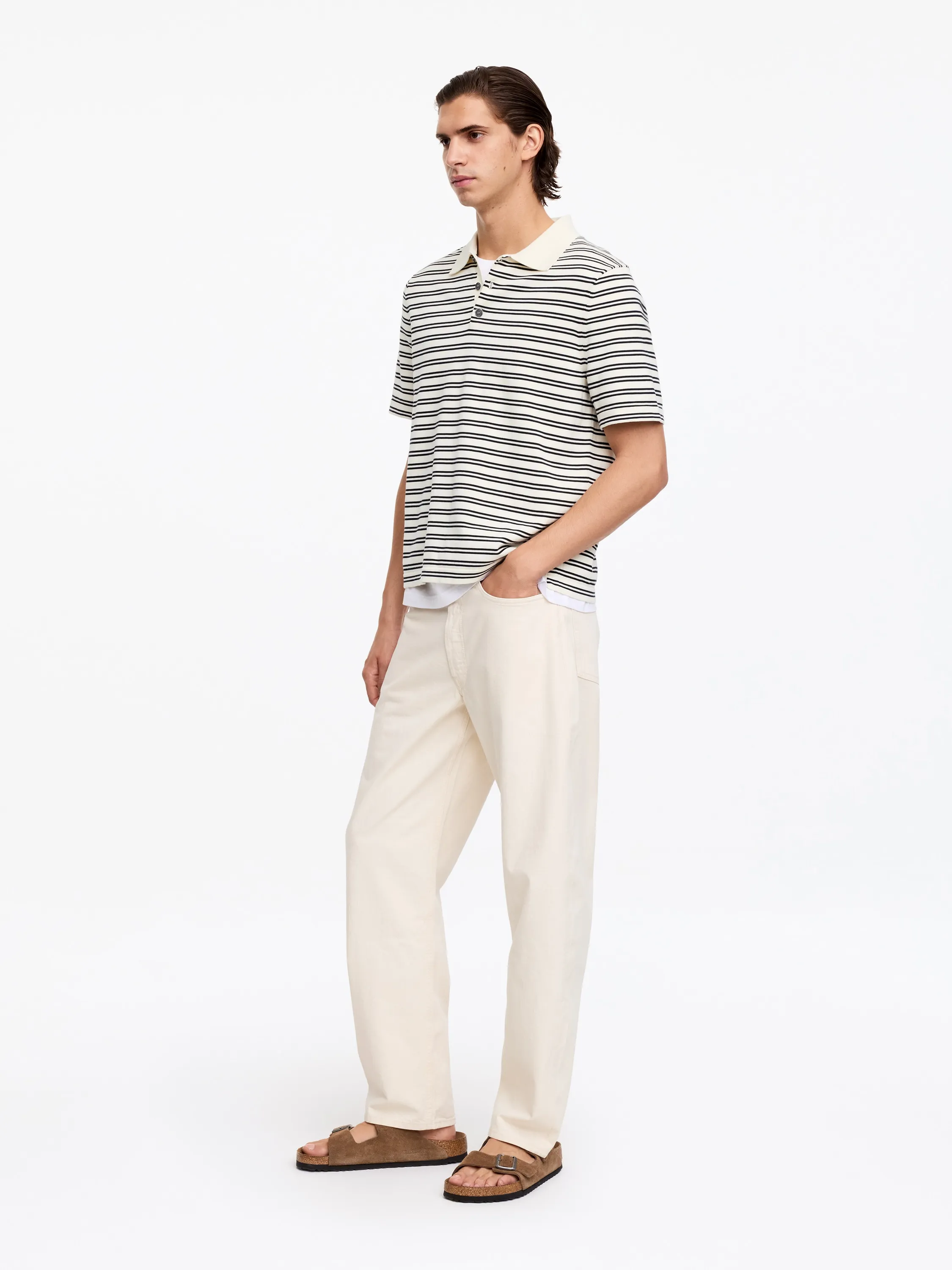 Polo en maille fine - Blanc cassé/Rayé