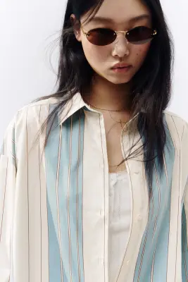 Chemise oversize en popeline - Bleu clair/rayé — photo 2