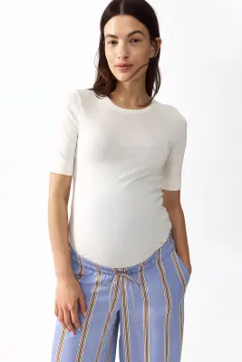 MAMA Pantalon à cordon en denim avec jambes larges - Bleu clair/rayé — photo 2