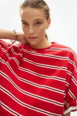 Top oversize en coton - Rouge/rayé — photo 2