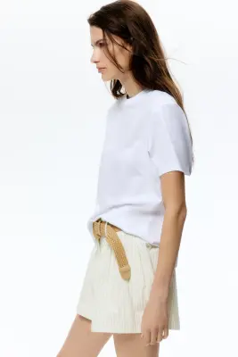 Short en coton avec ceinture - Beige clair/rayé — photo 2