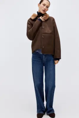 Veste avec col en tissu Teddy bear - Marron foncé — photo 1