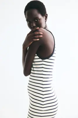 Robe moulante en coton - Crème/rayé — photo 2