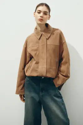 Veste en cuir velours - Beige foncé — photo 1