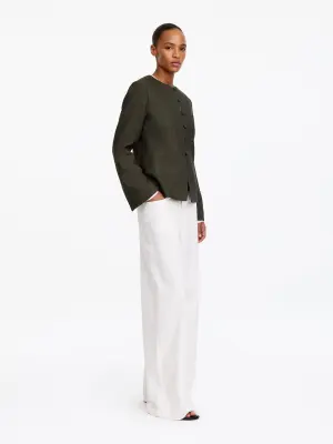 Blazer sans col en lin mélangé - Vert foncé — photo 2