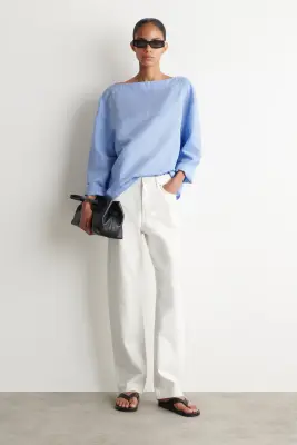 BLOUSE EN LIN À COL BATEAU - BLEU CIEL — photo 1