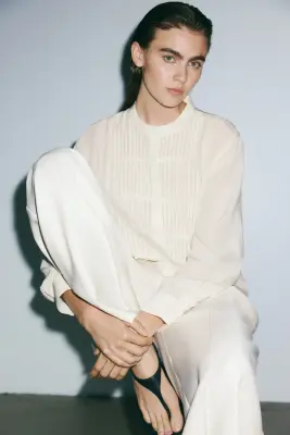 Blouse à boutons avec plis nervure - Beige clair — photo 2
