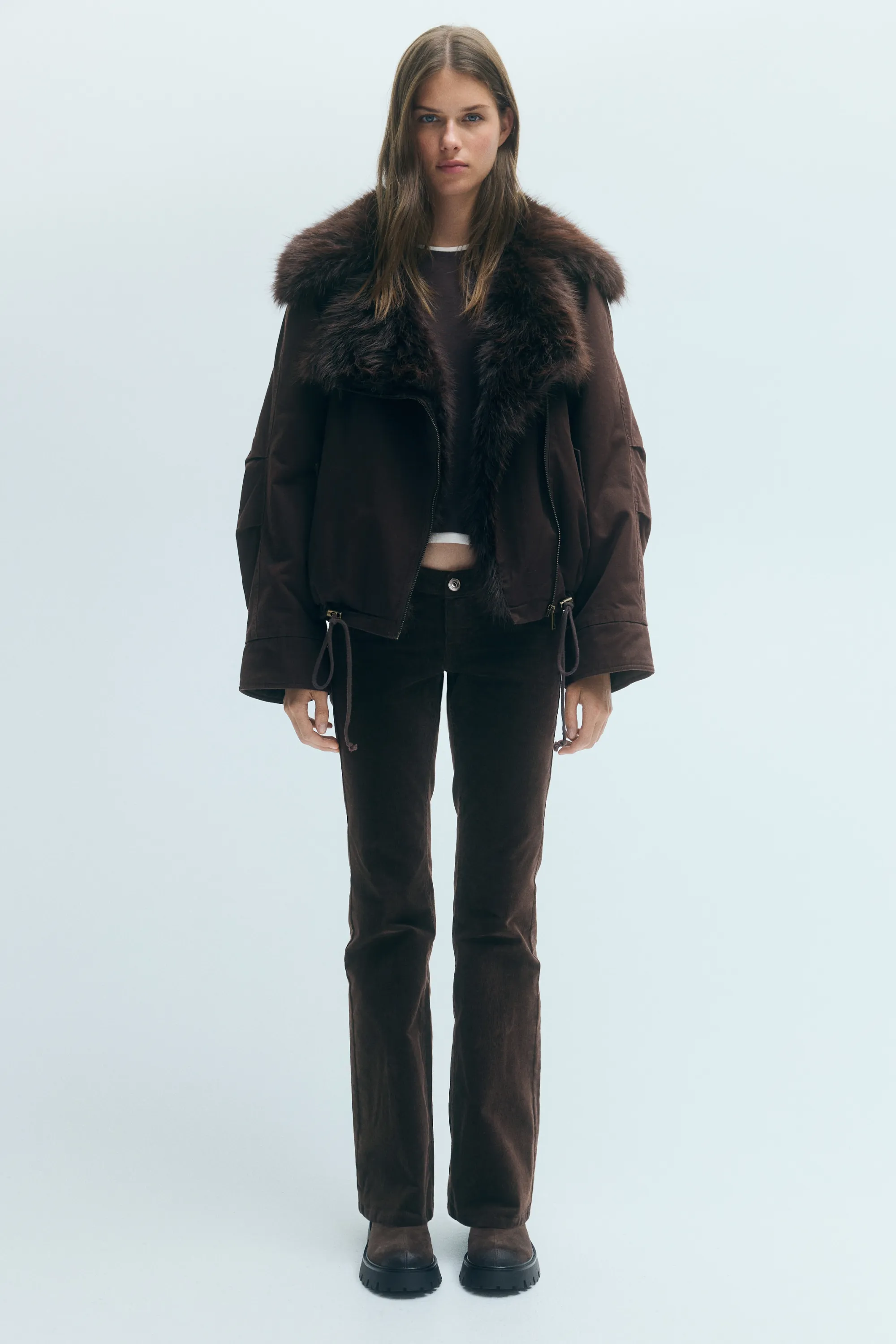 Veste en twill avec col duveteux - Marron foncé