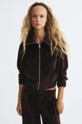 Sweat zippé en velours maille - Marron foncé — photo 1