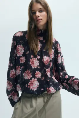 Blouse avec détail à nouer - Noir/fleuri — photo 2