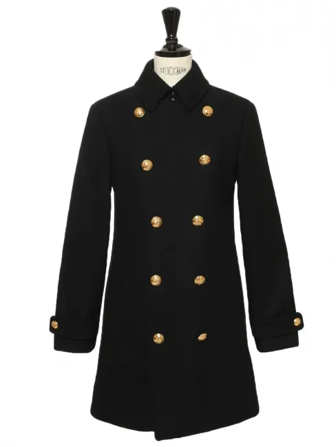 Manteau caban en laine épaisse noire boutons laitons dorés gravés Prix boutique €3400 Taille XS