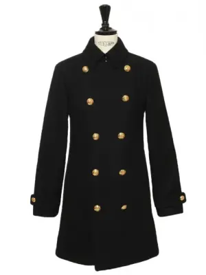 Manteau caban en laine épaisse noire boutons laitons dorés gravés Prix boutique €3400 Taille XS — photo 1