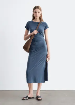 Robe midi froncée à manches raglan - Bleu foncé — photo 3