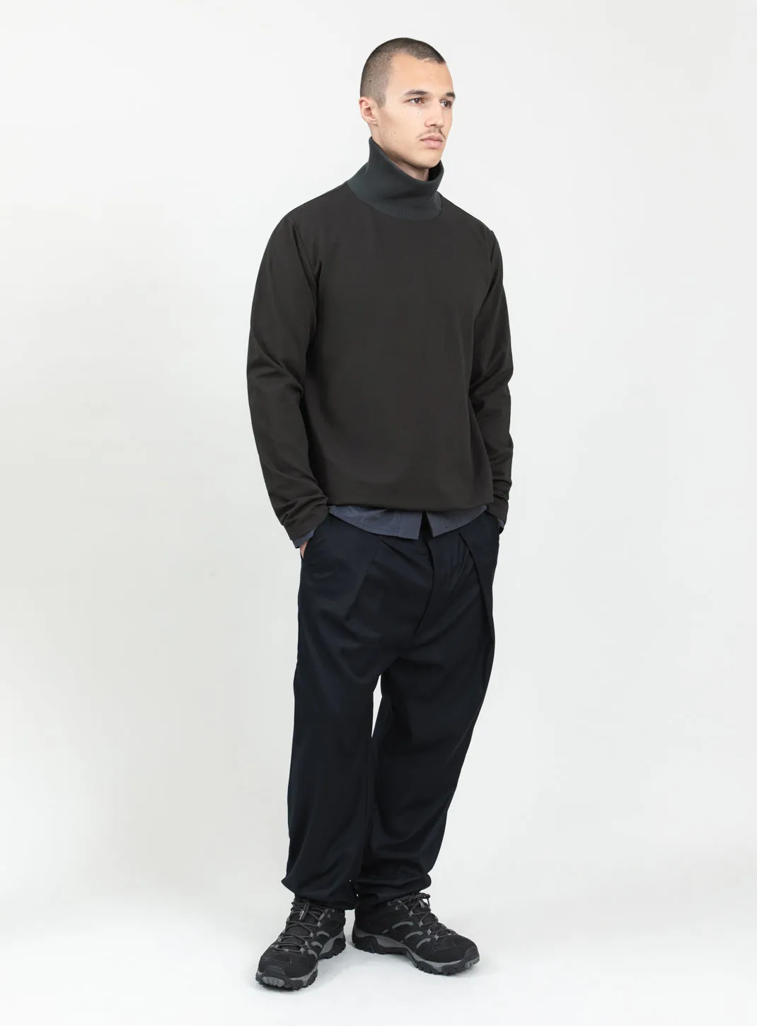 Ribbed High Neck Sweatshirt in Olive Technical Knit
