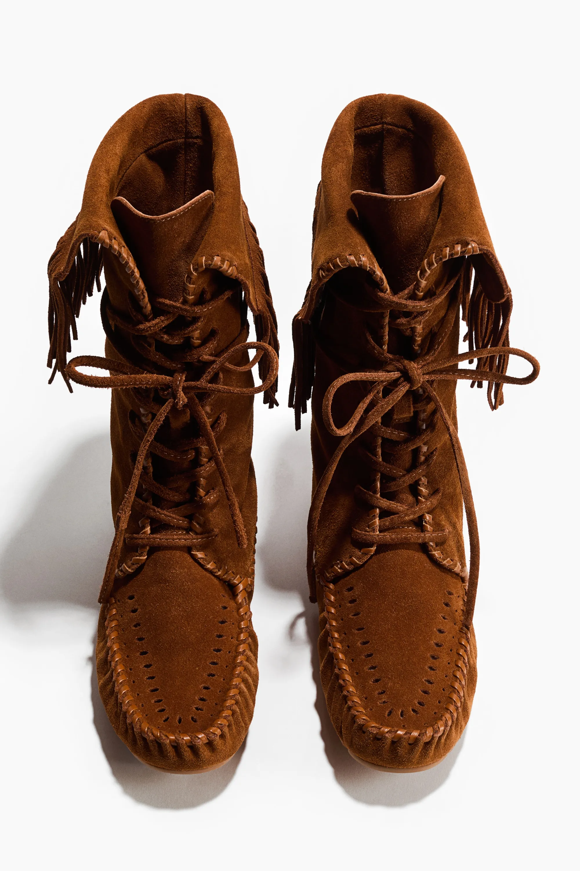 Bottes frangées en cuir velours - Marron