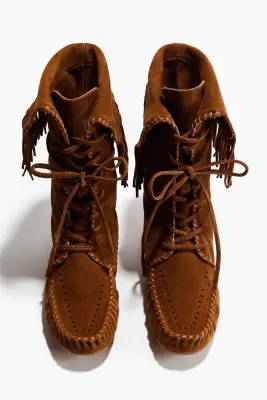 Bottes frangées en cuir velours - Marron — photo 1