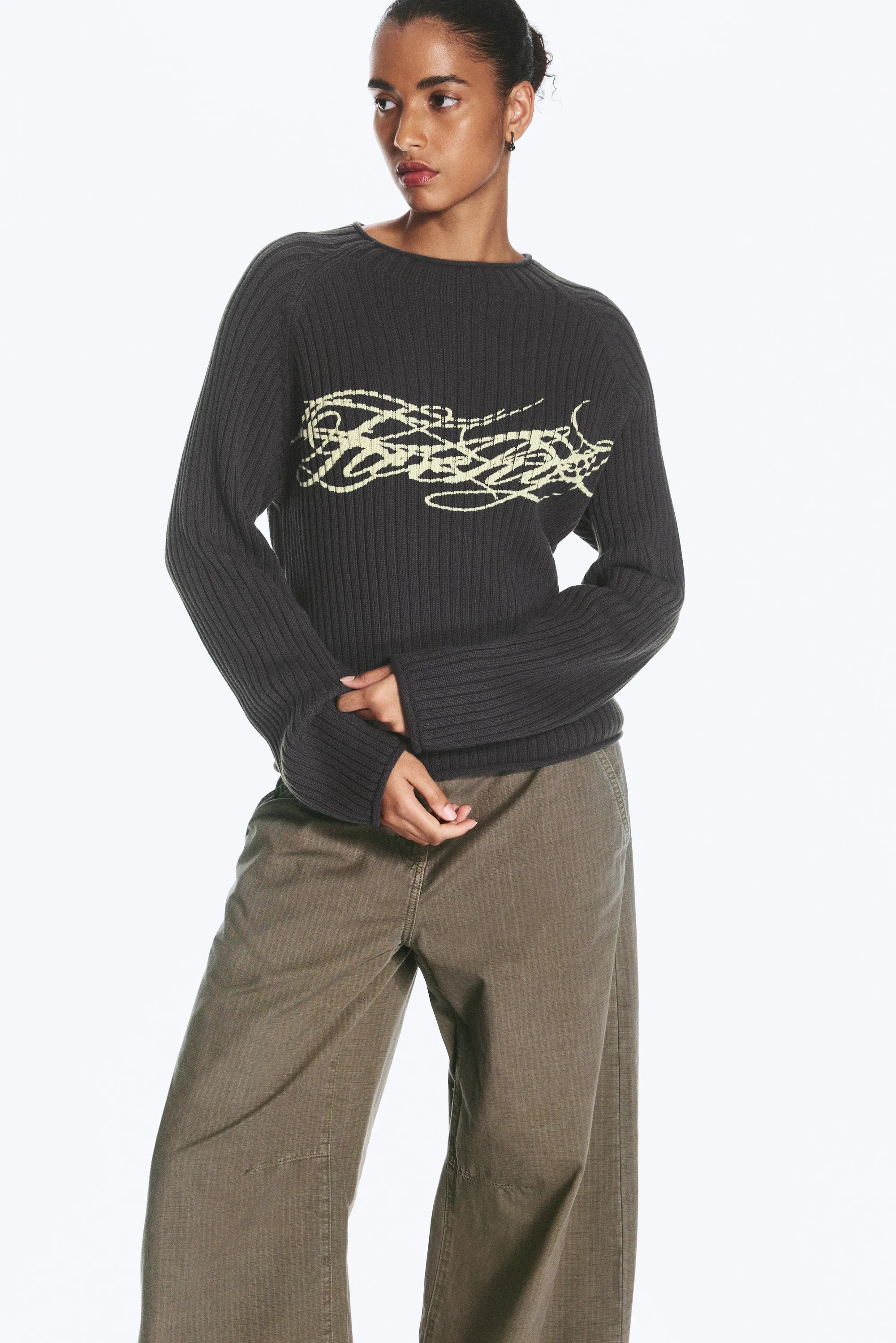 Pull côtelé en coton imprimé - Gris foncé