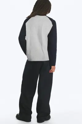 T-shirt ample boxy à manches raglan - Gris clair chiné et bleu marine — photo 3