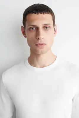 T-SHIRT SLIM À MANCHES LONGUES EN COTON CÔTELÉ - BLANC — photo 1