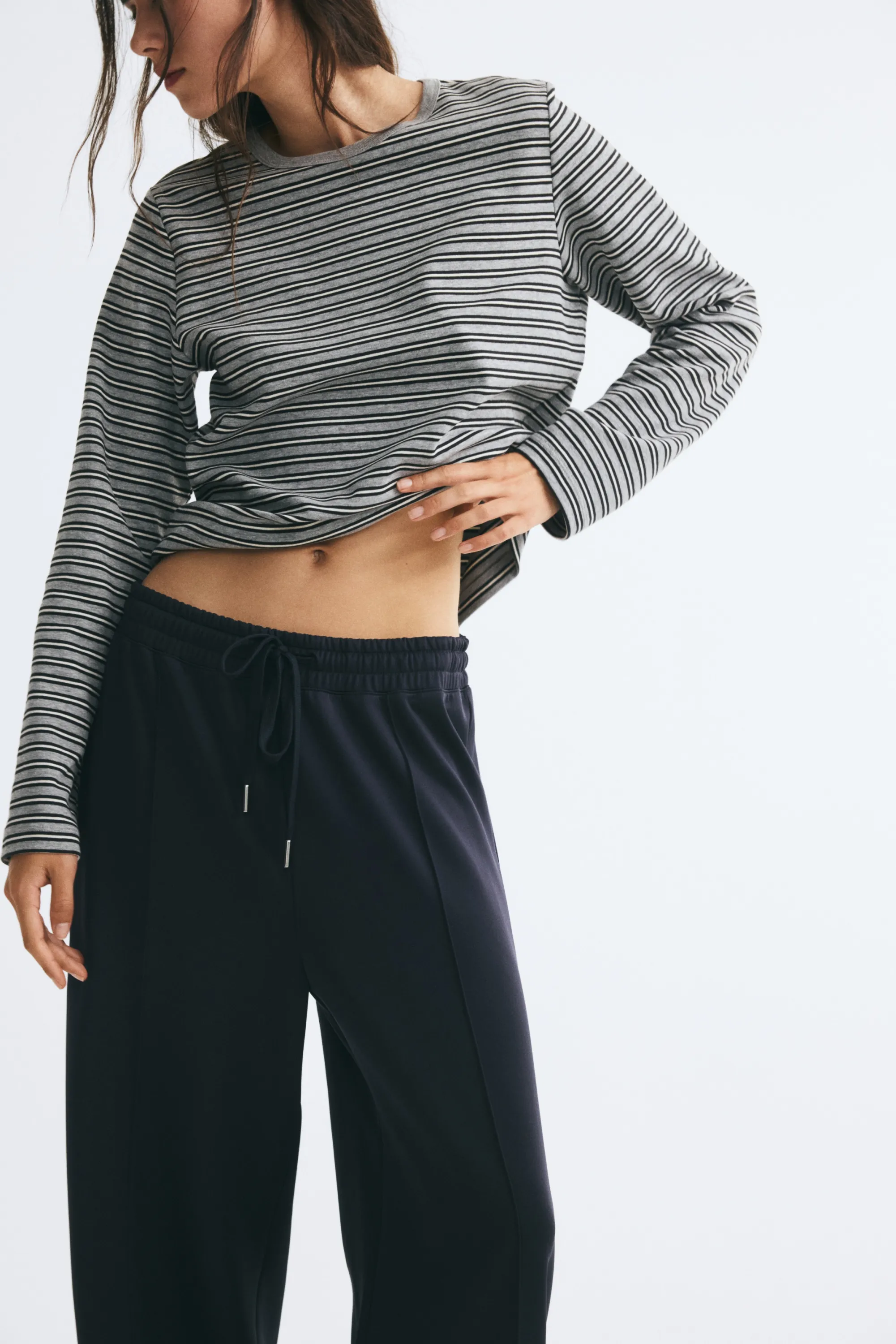 Pantalon finement côtelé avec cordon de serrage - Bleu marine