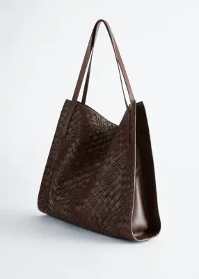 Sac cabas ouvert en cuir tressé - Marron foncé — photo 2