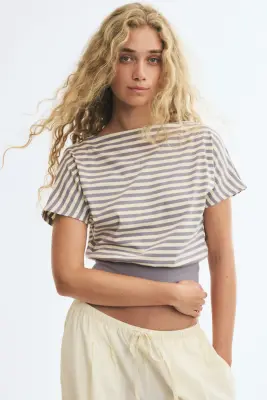 Boat-neck cotton top - Jaune clair/rayé — photo 1
