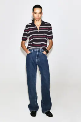 POLO ZIPPÉ EN LAINE MÉRINOS - BLEU MARINE / ROUGE / RAYURES — photo 2