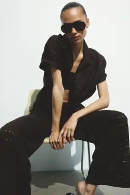 Pantalon large en maille texturée - Marron foncé — photo 2